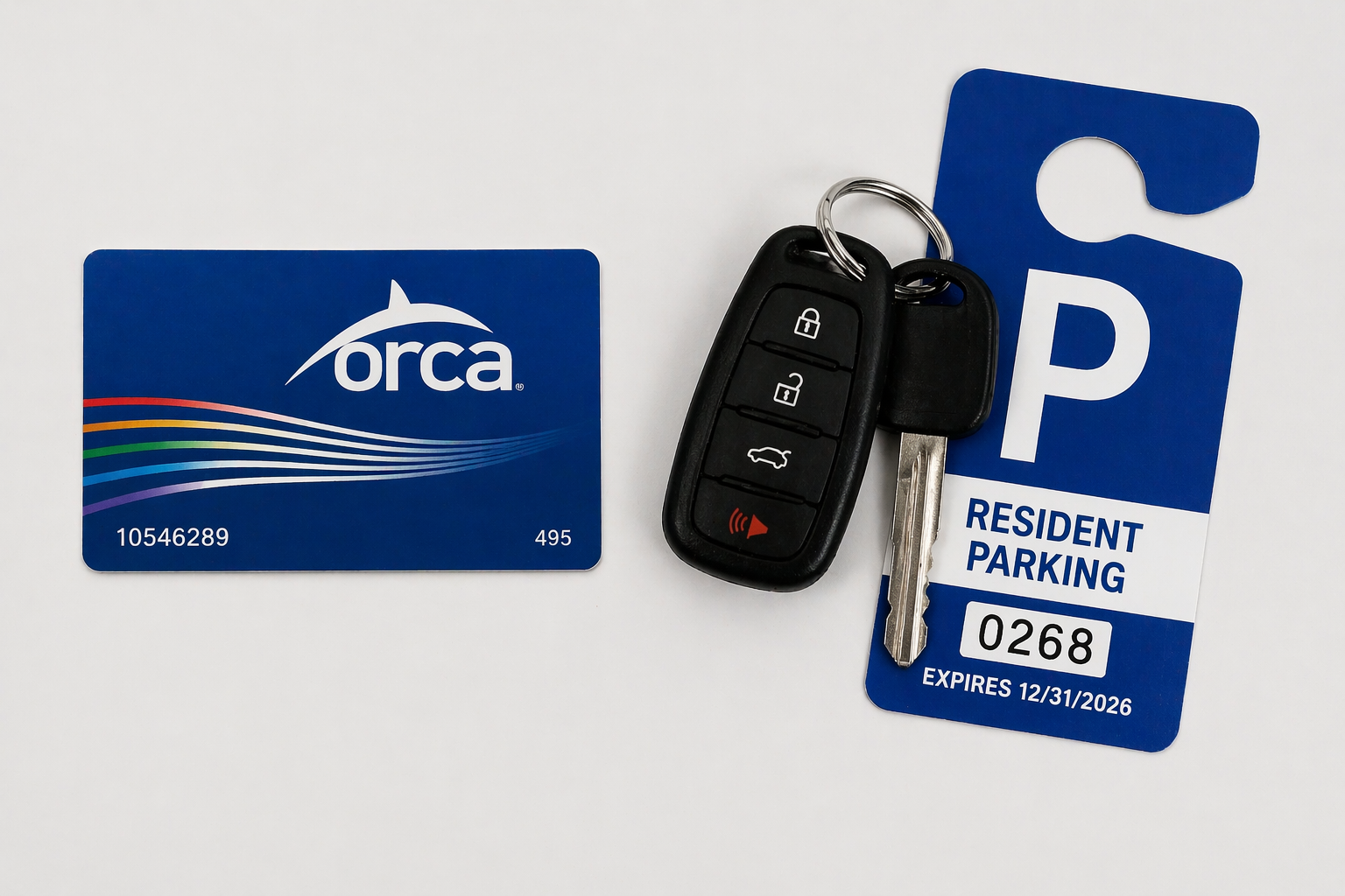 An ORCA transit card, car keys and a resident parking permit hangtag laid out side by side