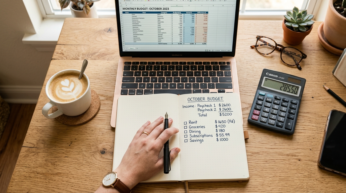 Desk with a laptop budget spreadsheet, a handwritten monthly budget, a calculator and a coffee