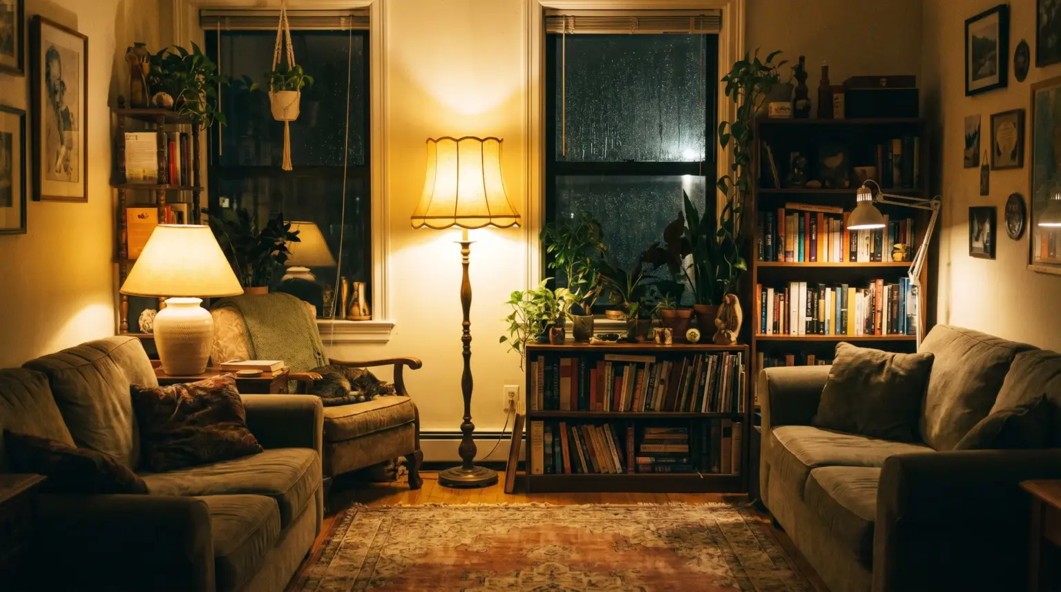 Lamp-lit apartment living room with layered lighting, bookshelves, plants and a patterned rug on a rainy evening