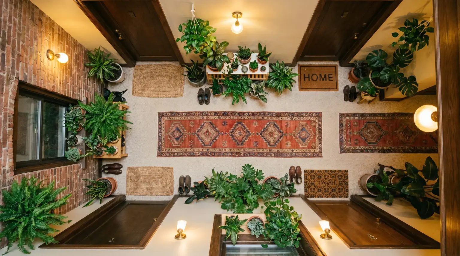 Overhead view of apartment entryways with doormats, rugs, houseplants and shoes left by the door