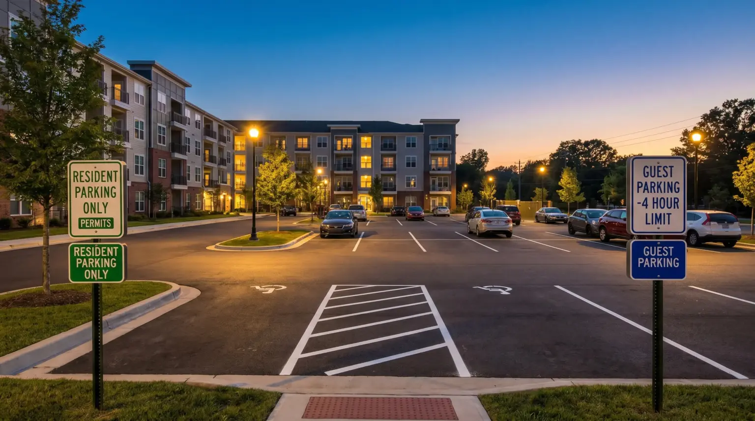 Apartment parking lot at dusk with resident permit parking and four hour guest parking signs