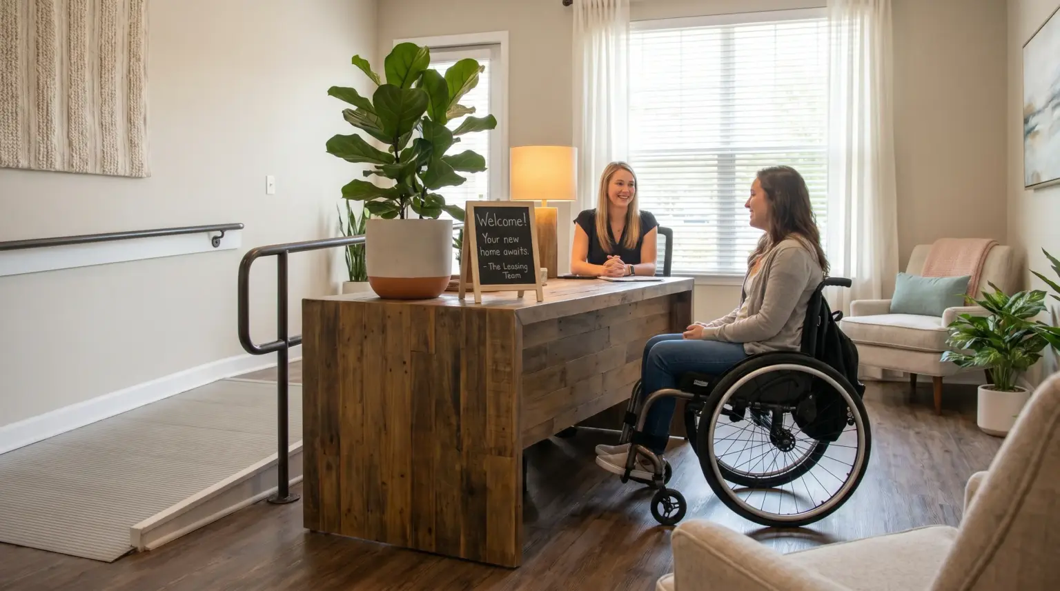 Leasing office staff member talking with a resident at the front desk beside an accessible ramp
