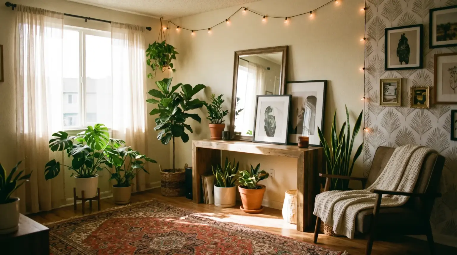 Rental living room personalized with leaning framed art, peel-and-stick wallpaper, string lights and potted plants