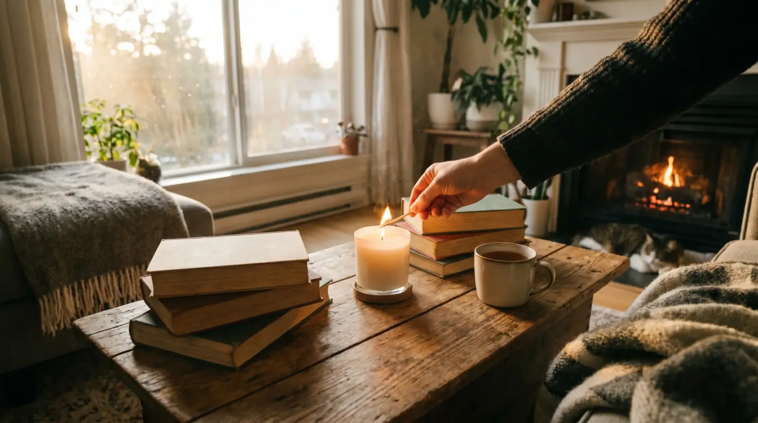 Someone lighting a candle on a wooden coffee table beside books and tea, with a fireplace and cat in the background